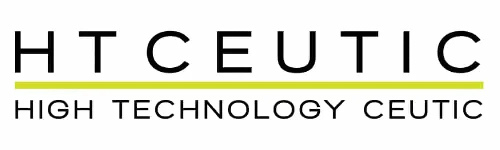 Logo HT Ceutic, soins dermatologiques, texte noir sur fond blanc avec ligne jaune