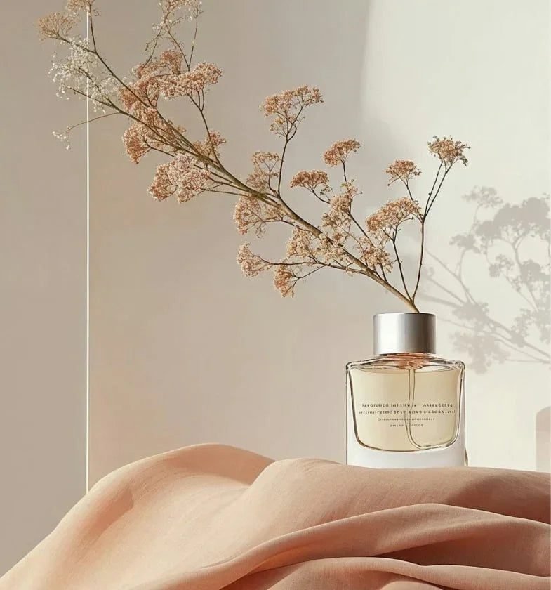 Flacon d’huile corporelle hydratante posé sur tissu beige, décoré de fleurs séchées.