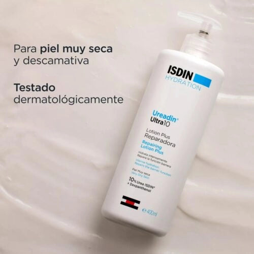 ISDIN Ureadin Ultra 10 Lotion Plus Réparatrice in a 400ml bottle, designed for nourishing and repairing dry skin.