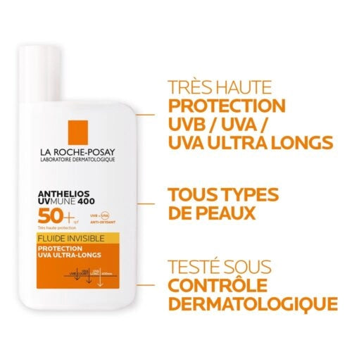 LA ROCHE-POSAY Anthelios UVMUNE 400 invisible SPF50+ face sunscreen in 50ml tube, lightweight and protective.