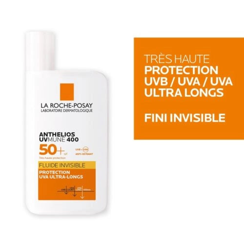 LA ROCHE-POSAY Anthelios UVMUNE 400 SPF50+ facial sunscreen in 50ml tube, invisible fluid texture, designed for sensitive skin.