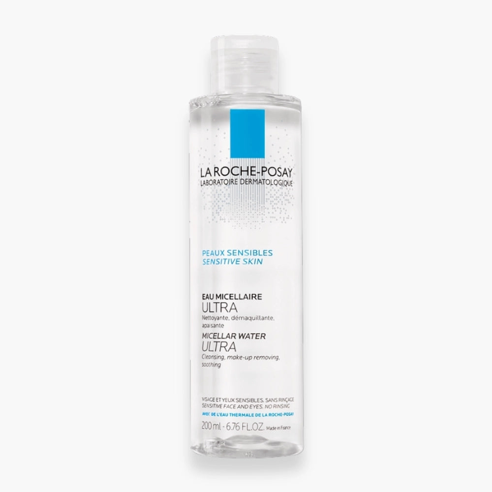 LA ROCHE-POSAY Eau Micellaire Ultra Nettoyante 200ml, gentle makeup remover and skin cleanser in a clear bottle with a blue cap.