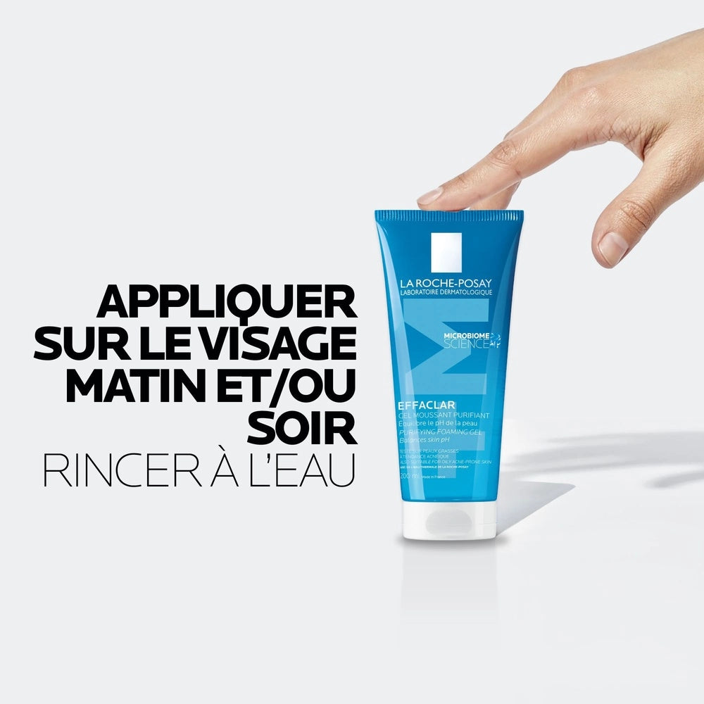 LA ROCHE-POSAY Effaclar Gel Moussant, purifying facial cleanser in a 200ml bottle with a 100ml bonus, suitable for oily skin.