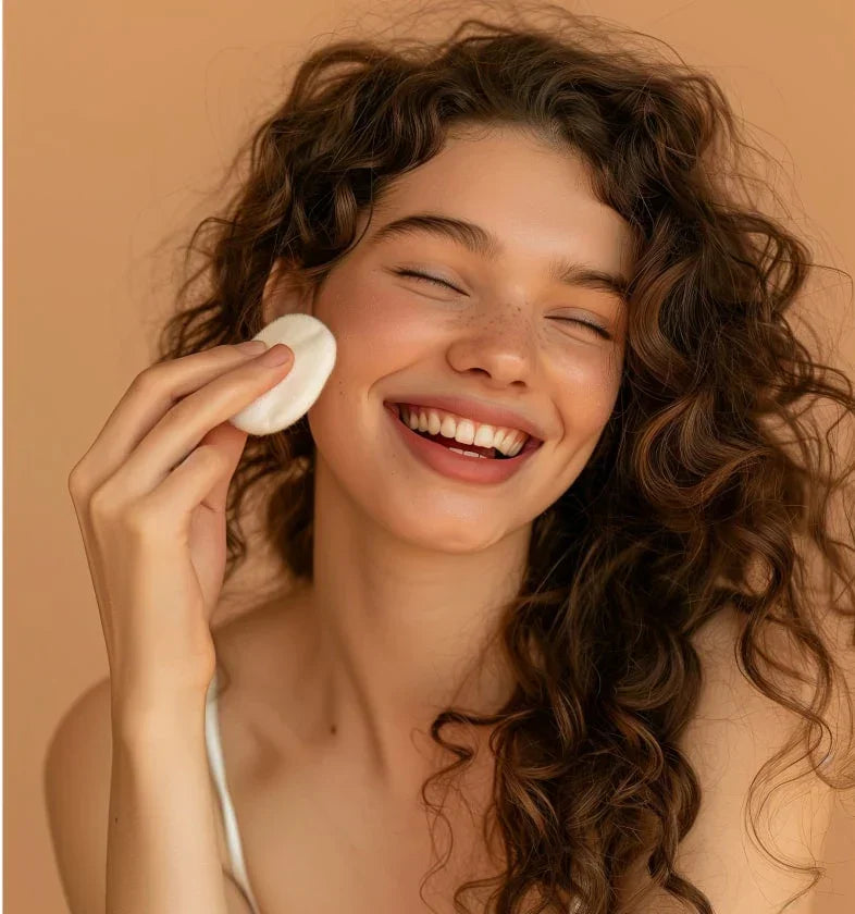 Femme souriante appliquant un disque de coton sur sa joue, peau éclatante, beauté naturelle