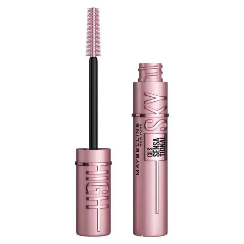 Maybelline Sky High mascara by Celvess Cosmetic with a sleek black tube and a curved mascara wand for voluminous lashes