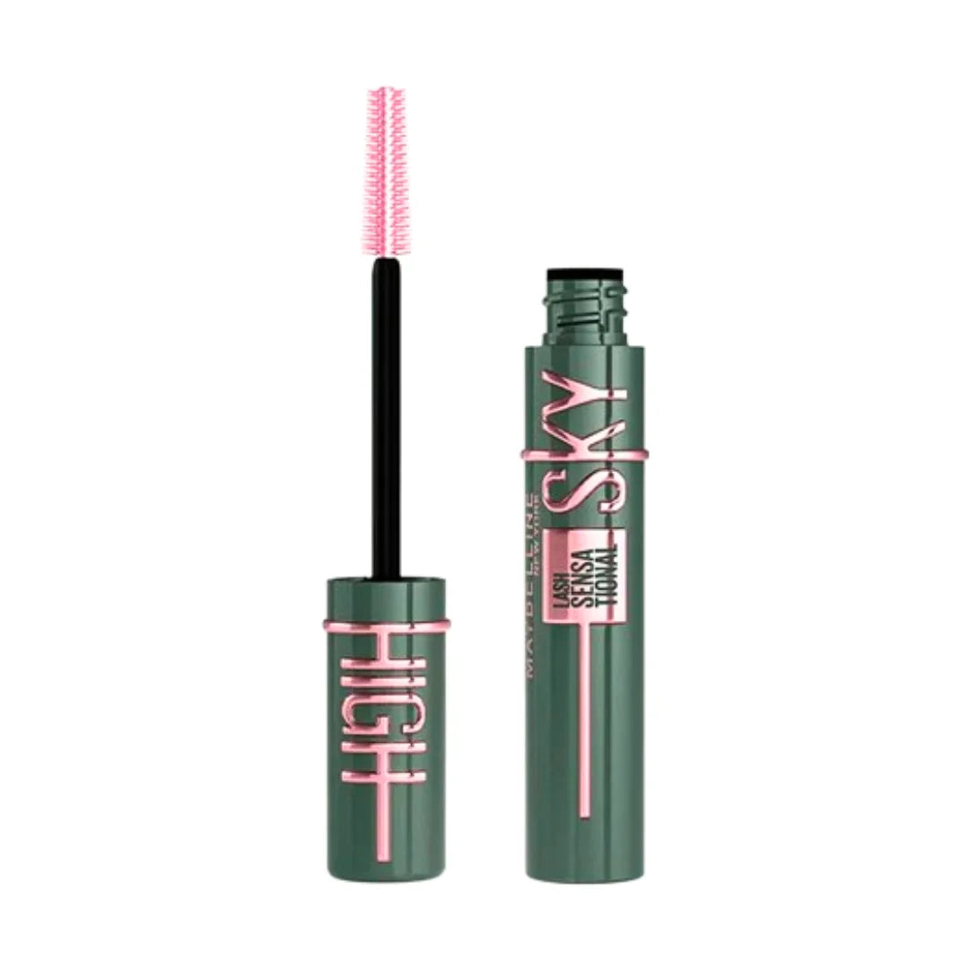 Maybelline Sky High mascara by Celvess Cosmetic showing a sleek black tube with the mascara wand and brush.