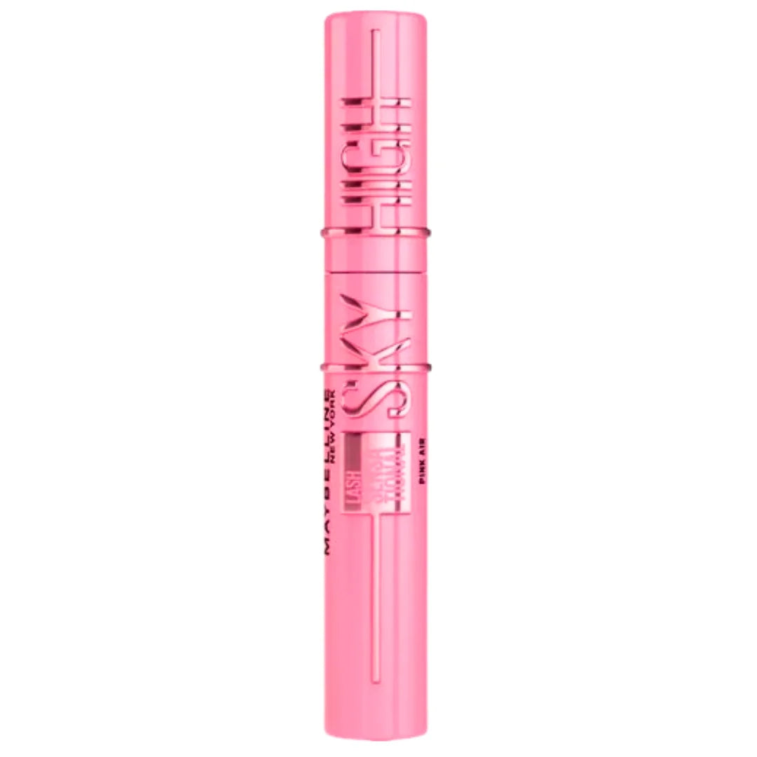 Maybelline Sky High mascara with burgundy and pink packaging, displaying the product tube and brush for voluminous lashes.