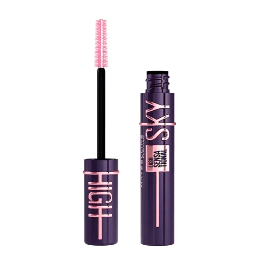 Maybelline Sky High mascara by Celvess Cosmetic, showcasing a black mascara wand with volumizing brush and sleek packaging.