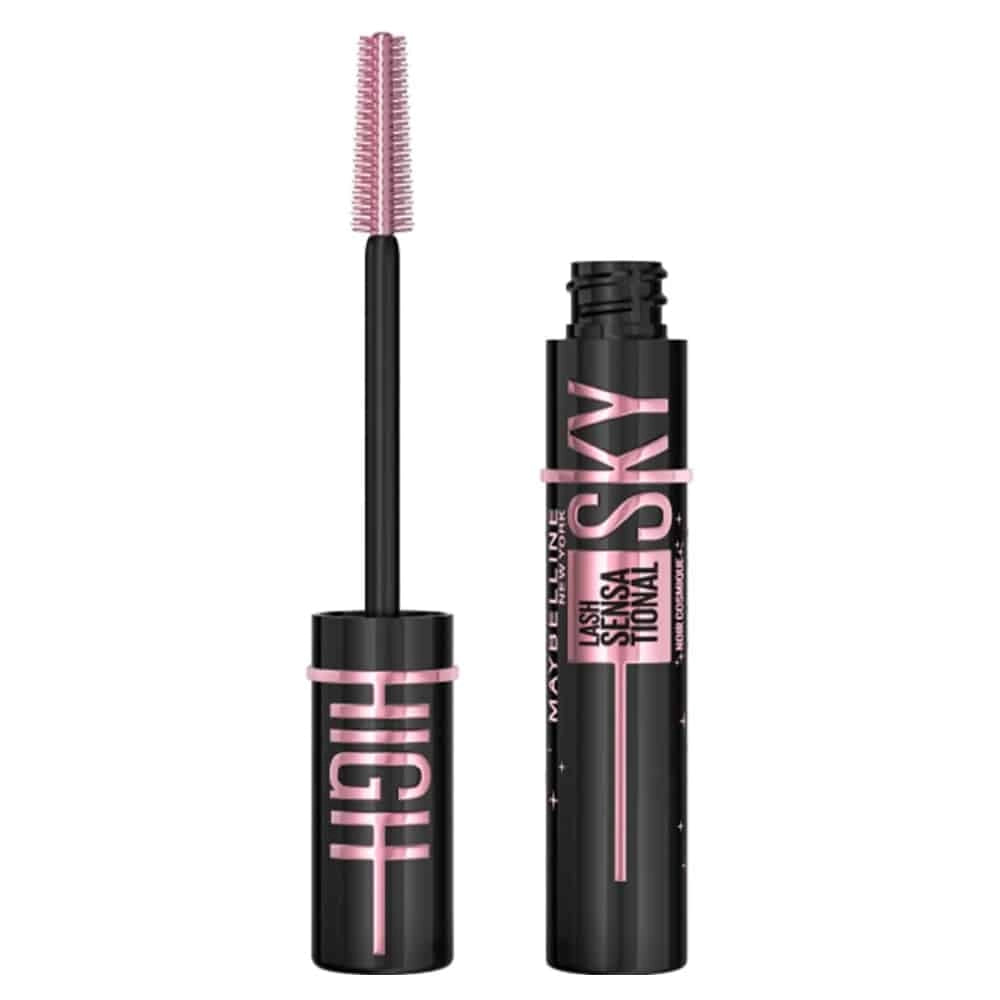 Maybelline Sky High mascara in cosmic black, showcasing volumized, lengthened lashes with a sleek black mascara wand.