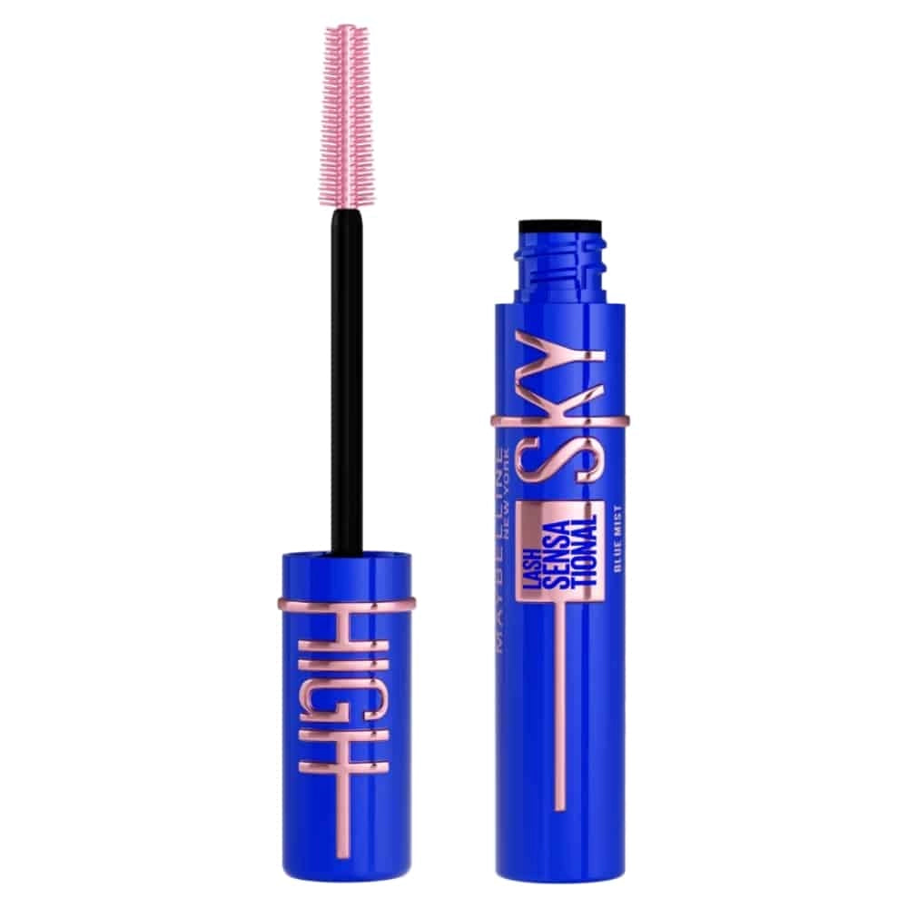Maybelline Sky High mascara with blue mist-colored packaging, showcasing a sleek tube of Celvess Cosmetic mascara.
