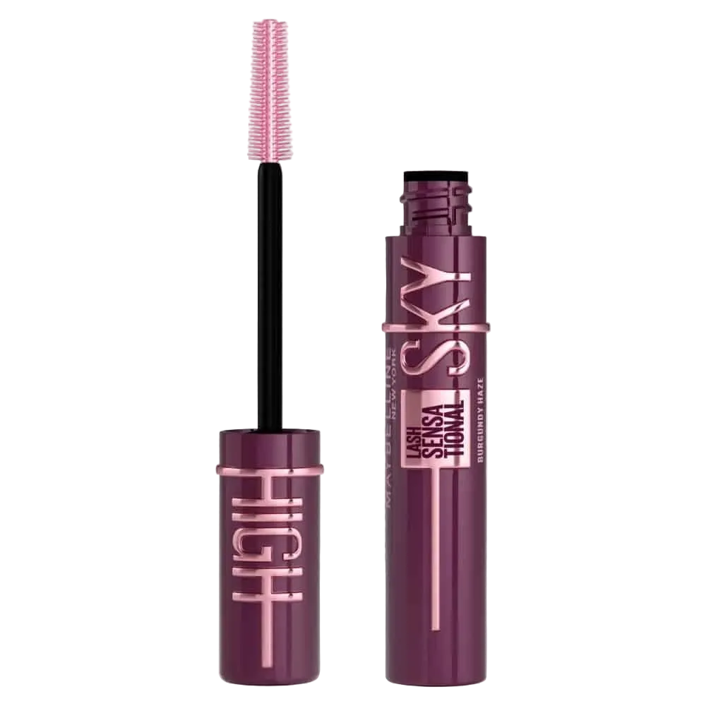 Maybelline Sky High mascara by Celvess Cosmetic with burgundy haze packaging and a brush applicator visible.