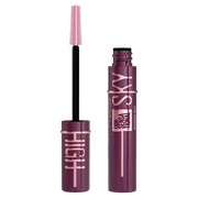Maybelline Sky High mascara by Celvess Cosmetic with burgundy haze packaging and a brush applicator visible.
