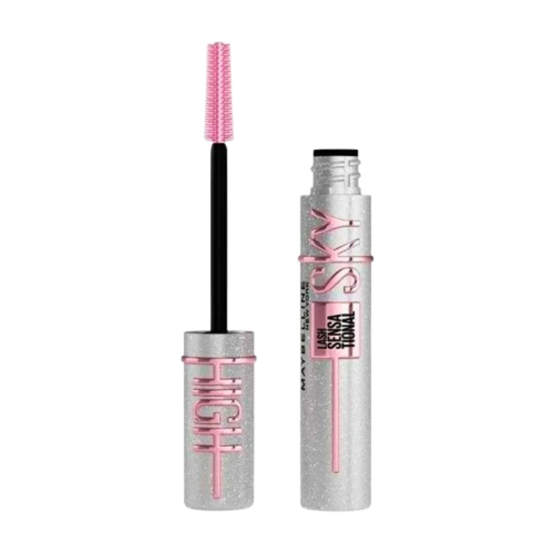 Maybelline Sky High mascara by Celvess Cosmetic, showcasing a sleek black tube with a curved wand for volumizing lashes.