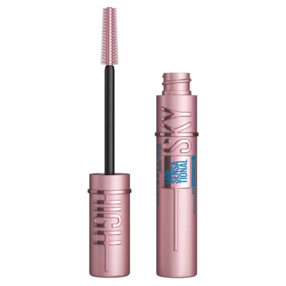 Maybelline Sky High waterproof mascara with volumizing brush, black formula, and long, defined lashes in a sleek tube.