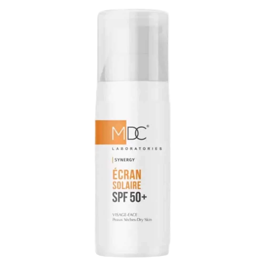 Celvess Cosmetic MDC Synergy SPF50+ dry skin sun protection screen in 50ml tube with pump applicator.