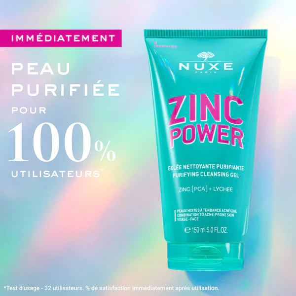 Nuxe Zinc Power Gel Nettoyant Purifiante facial cleanser in a 150ml tube, designed for deep cleansing and skin purification.