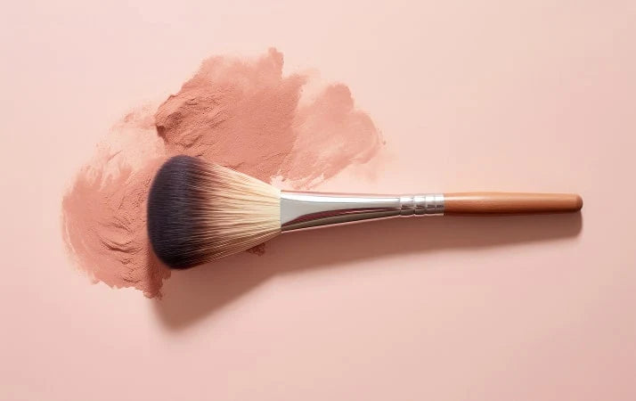 Pinceau de maquillage sur poudre rose, accessoire soin visage sur fond neutre.