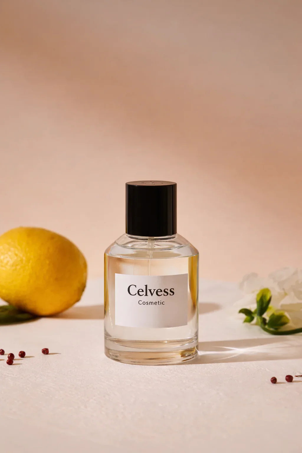 Flacon de cosmétique Celvess avec citron, fleurs blanches et baies sur fond beige.