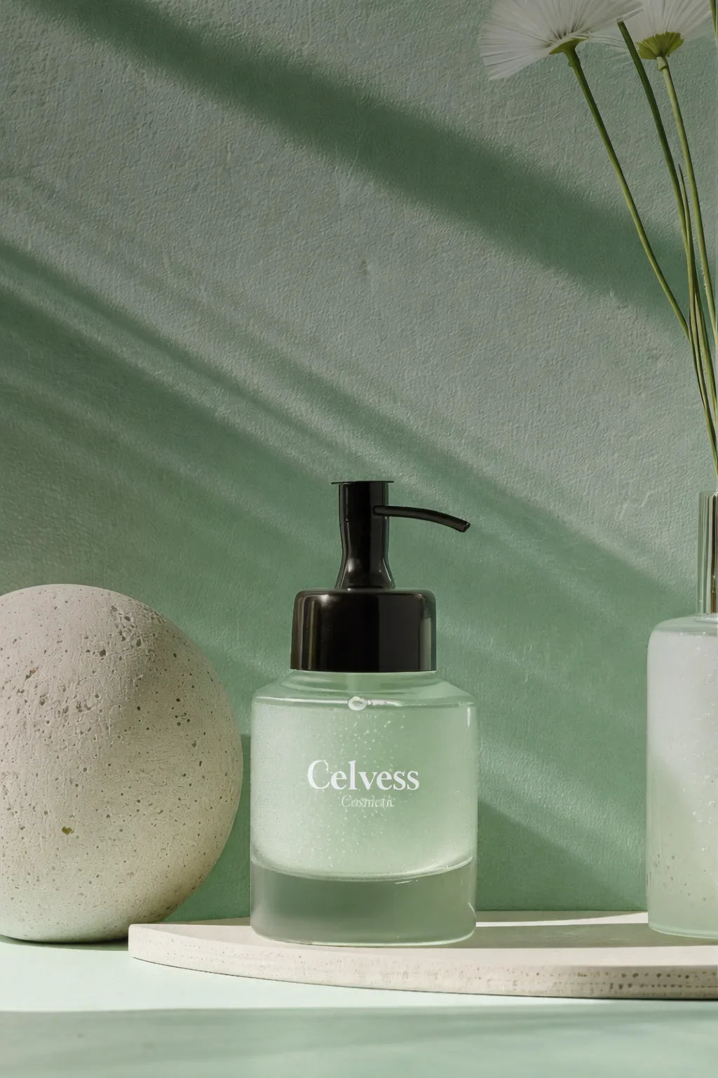 Flacon cosmétique pompe transparent pour soins du visage sur fond vert, ambiance zen