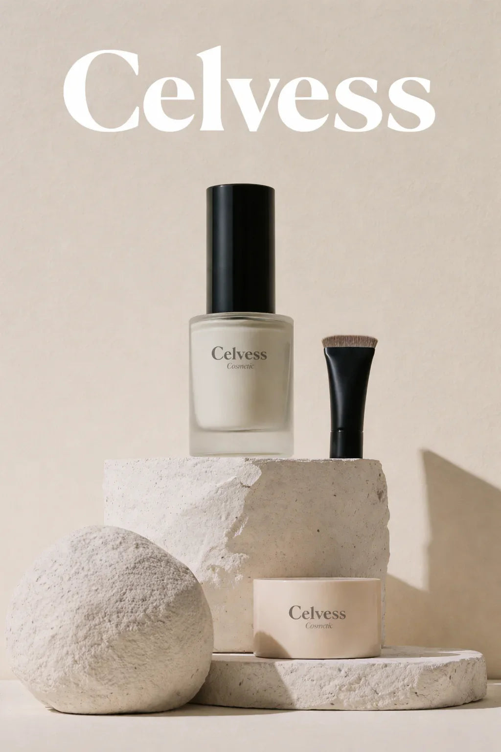 Produits de soin visage et corps, flacon, pot et pinceau sur fond neutre, ambiance naturelle