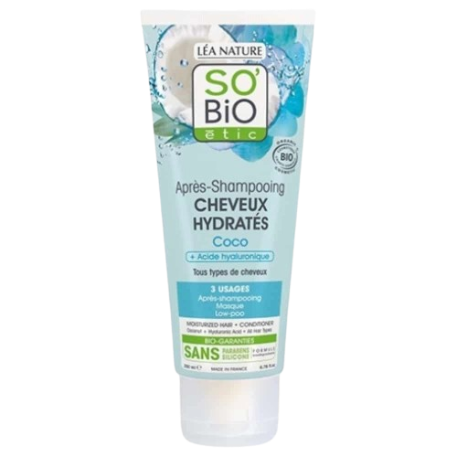 Celvess Cosmetic SO BIO coconut and hyaluronic acid hydrating conditioner for hair, 200ml bottle with natural ingredients.