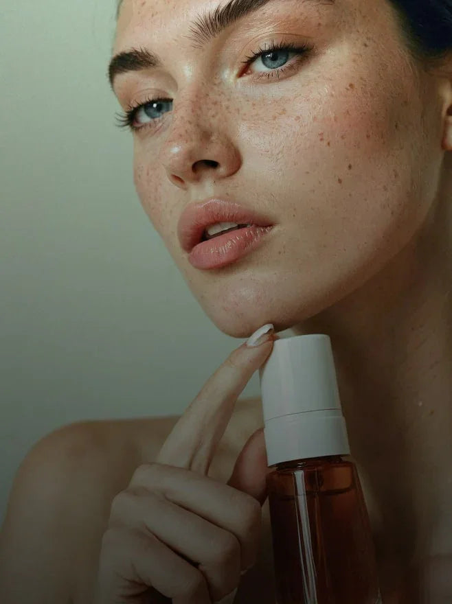 Femme avec peau éclatante tenant un flacon de sérum soin visage hydratant
