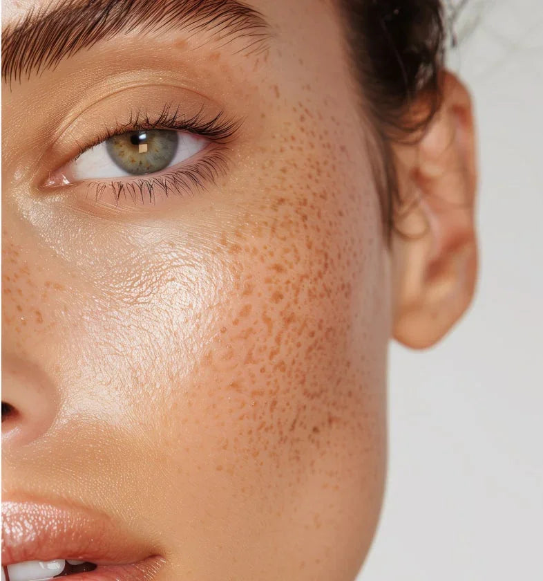 Gros plan sur une peau éclatante avec taches de rousseur, protection solaire visage