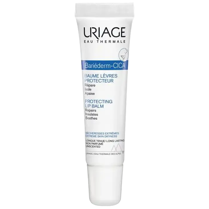 Uriage Bariéderm Cica Baume Lèvres Protecteur in 15ml tube, soothing and protective lip balm by Celvess Cosmetic.