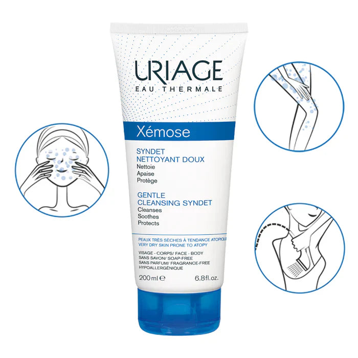 Uriage Xémose Syndet Nettoyant Doux face cleanser in 200ml bottle, gentle skincare product for sensitive skin by Celvess Cosmetic