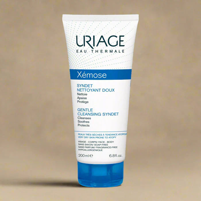 Uriage Xémose Syndet Nettoyant Doux face cleanser in 200ml bottle, gentle skincare product for sensitive skin by Celvess Cosmetic