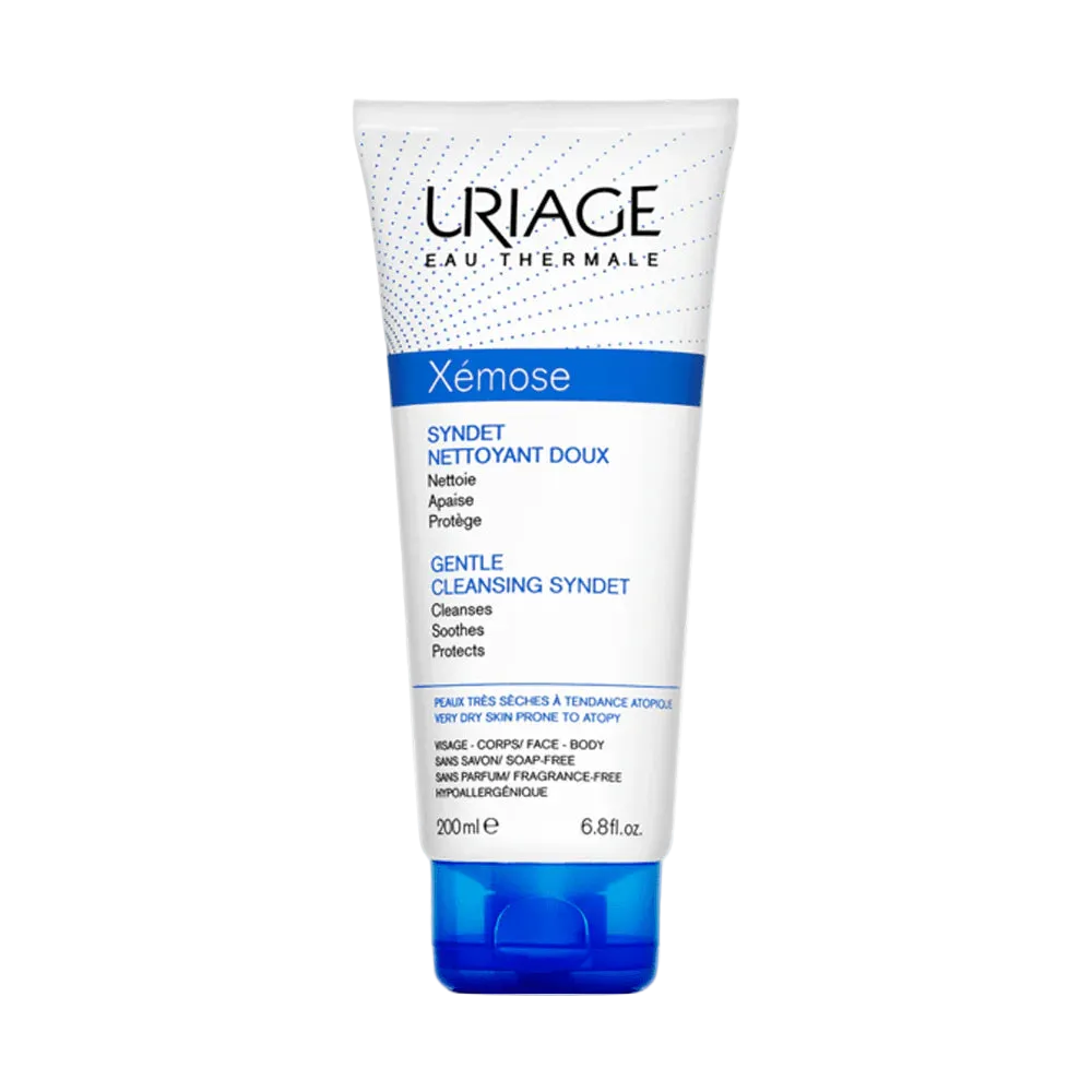 Uriage Xémose Syndet Nettoyant Doux facial cleanser in 200ml bottle, gentle for sensitive skin from Celvess Cosmetic.