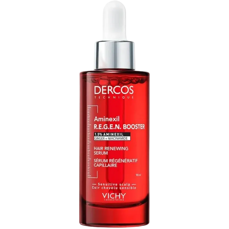 Vichy Dercos Aminexil Clinical Regen Booster serum bottle, 90ml, a hair regeneration serum by Celvess Cosmetic.