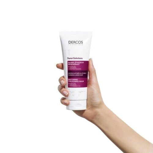 Vichy Dercos Densi-Solutions regenerating thickening balm for hair, 200ml, in a white jar with blue accents.