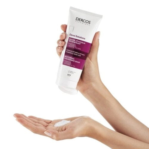 Vichy Dercos Densi-Solutions thickening regenerating balm in 200ml tube, for hair density and scalp nourishment.