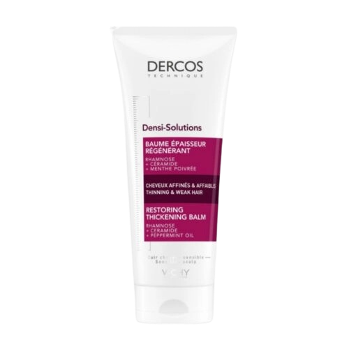 Vichy Dercos Densi-Solutions thickening regenerating balm in 200ml jar, for nourishing hair thickening and scalp care.