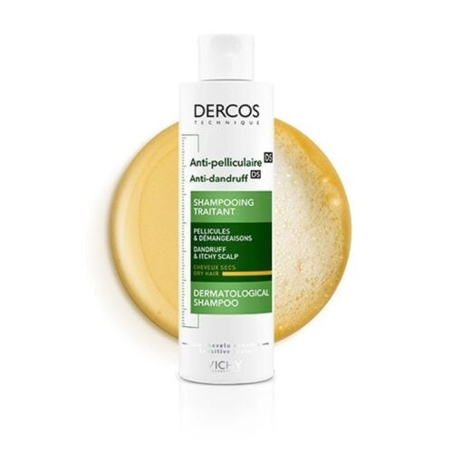 Vichy Dercos DS anti-dandruff shampoo for dry hair, 200ml, with a sleek bottle and label, designed for scalp treatment.
