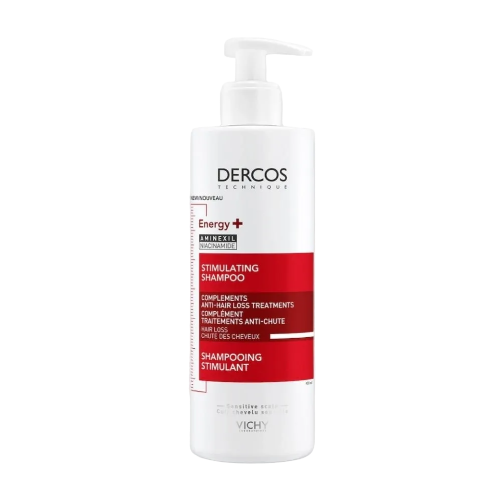 Vichy Dercos Énergisant Shampooing Stimulant Complément Anti-Chute in a 400ml bottle, designed to reduce hair fall and energize scalp.