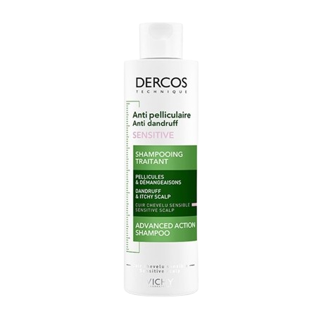 Vichy Dercos anti-pelliculaire sensitive shampoo in a 200ml bottle, sulfate-free, for scalp care and dandruff treatment.