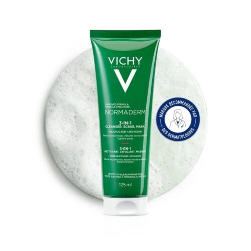 Vichy Normaderm 3-in-1 exfoliant, cleanser, and mask in 125ml tube, for oily and acne-prone skin, by Celvess Cosmetic.