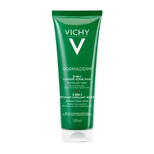 Vichy Normaderm 3-in-1 exfoliant, cleanser, mask in 125ml tube, for oily and acne-prone skin, by Celvess Cosmetic.