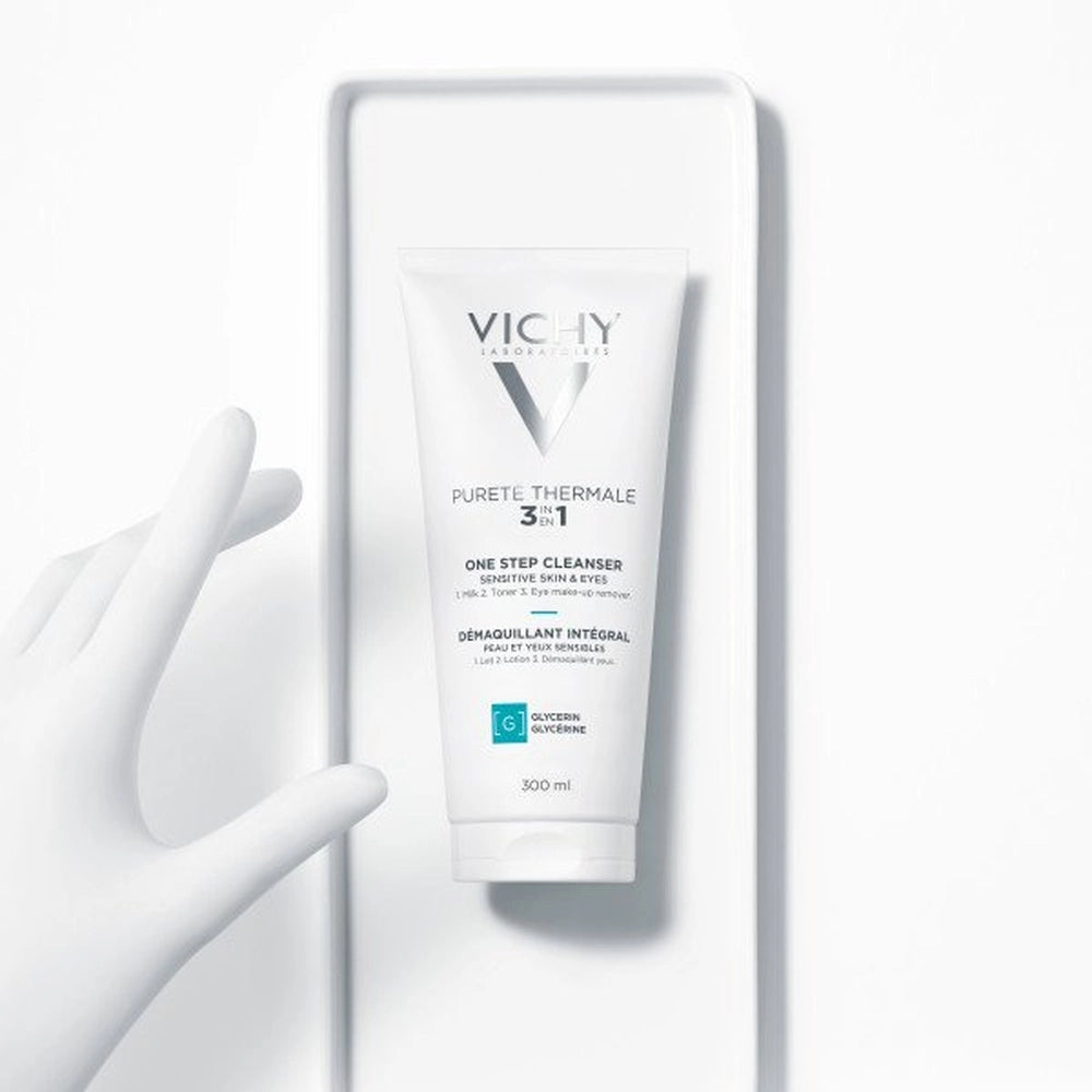 Vichy Pureté Thermale 3-in-1 cleansing makeup remover in a 300ml bottle, suitable for face, eyes, and lips.