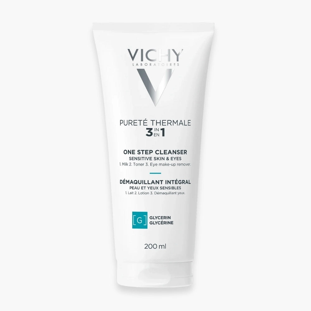Vichy Pureté Thermale Démaquillant Intégral 3en1 in 300ml bottle, a gentle facial cleanser and makeup remover by Celvess Cosmetic.